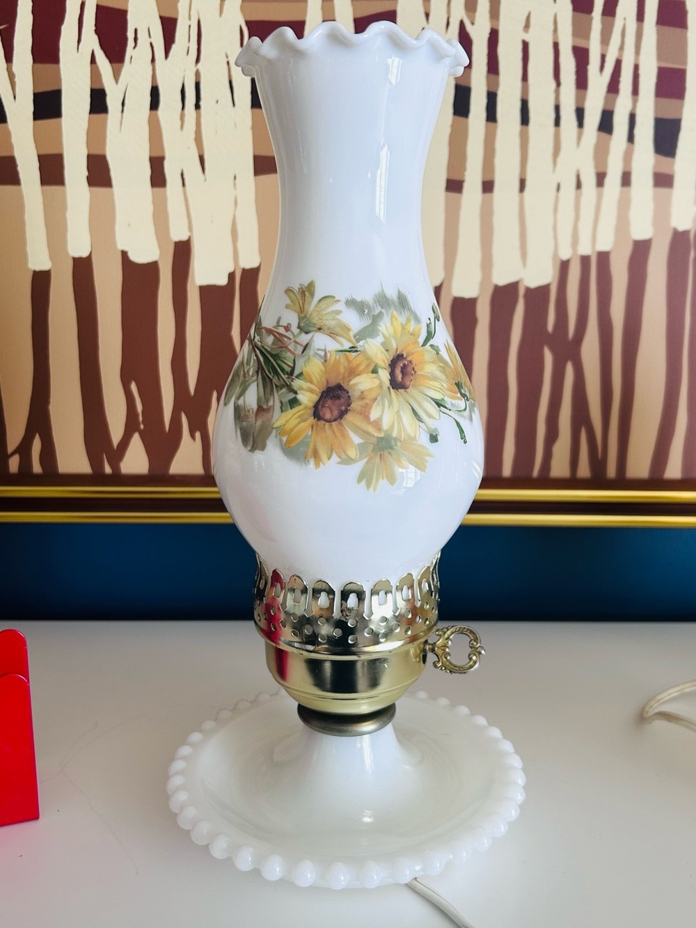 Vintage Milk Glass Sunflower Hurricane Lamp Hobnail Base Floral Table Lamp
